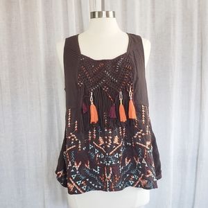 Anthro Embroidered Brown tasseled tank by Akemi and kin